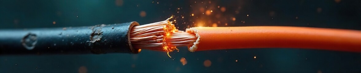 Damaged Electrical Wire Close-up of Exposed Copper Strands Posing a Significant Electrical Hazard. Safety Inspection and Repair Urgently Needed to Prevent Fire or Electric Shock.