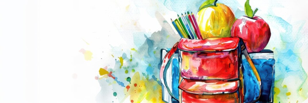 Colorful back to school design with backpack, books, and apples for educational themes. Education concept. Horizontal banner. Copy space. Watercolor illustration