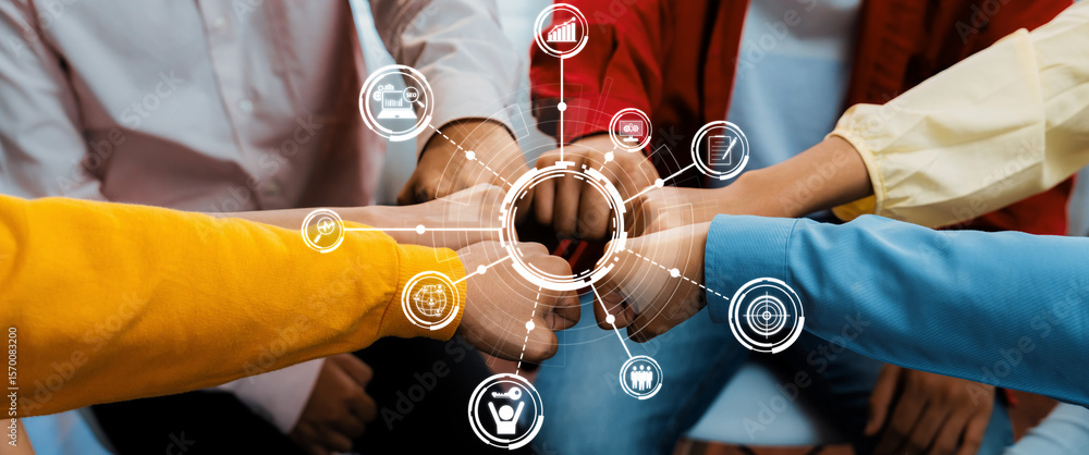 Poster diverse team members unite with enthusiasm in a collaborative workspace, showcasing teamwork and inn