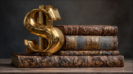 Financial education books and dollar sign for investment and wealth concept