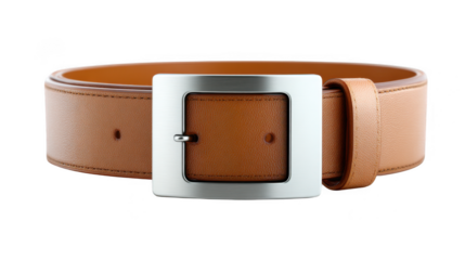 Classic brown leather belt with a brushed silver square buckle isolated on transparent background