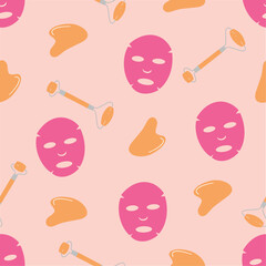Seamless pattern with beauty gadgets. Face mask, massage  roller and gua sha tool. Skin care products for SPA. Beauty routine. Hand drawn vector illustration