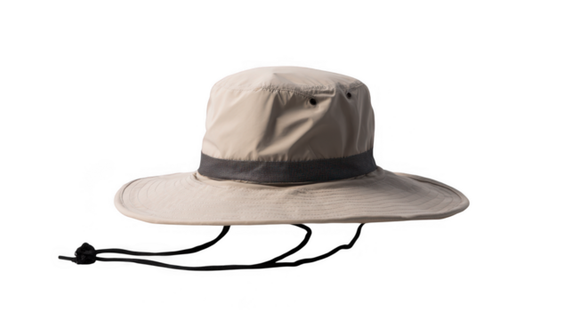 Lightweight beige bucket hat with a dark grey band and chin strap isolated on transparent background