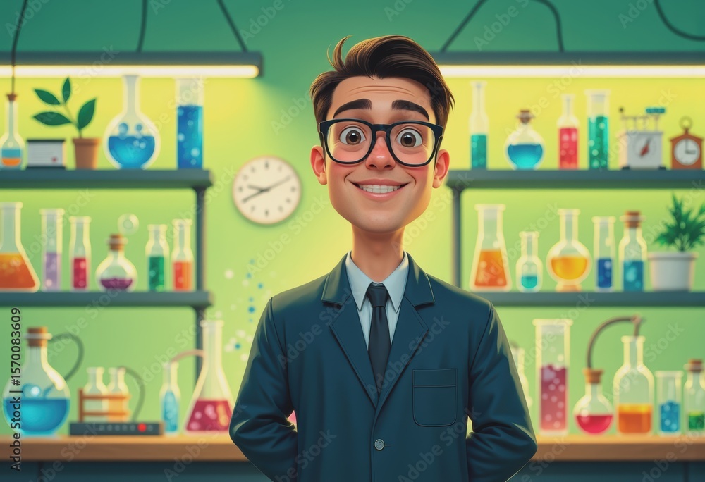 Poster engineer smiling at laboratory bench surrounded by colorful beakers and flasks