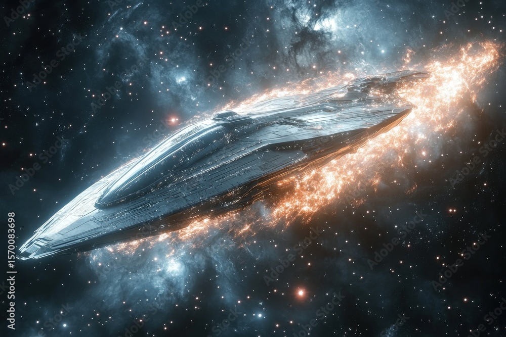 Poster space exploration concept art showing a futuristic spaceship gliding through space with trails of bu