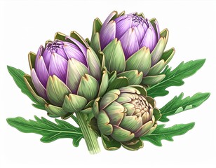 Closeup of Three Purple and Green Artichokes