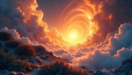 Ethereal Energy Swirling Above Serene Landscape Glowing Warmth and Tranquility