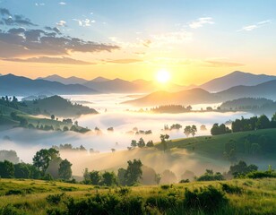 Misty Sunrise over Rolling Hills and Mountains