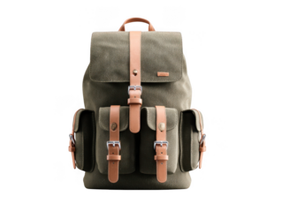 Stylish olive green canvas backpack with tan leather accents isolated on transparent background