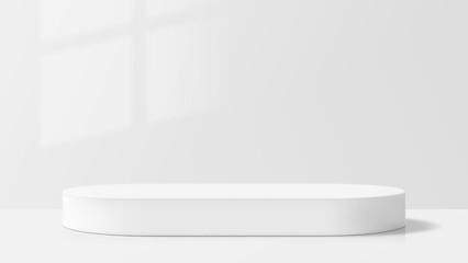 White oval stage or studio podium background with sunlight shadow. Empty 3D realistic stand. Minimal scene for product presentation display mock up.