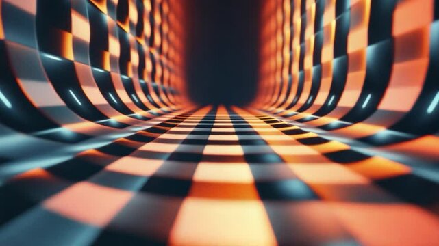 Abstract checkered tunnel with orange and black glowing patterns.