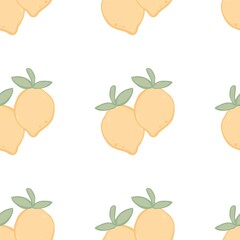 Seamless pattern with bright yellow lemons and leaves in minimal fresh citrus style, perfect for summer food and fruit designs