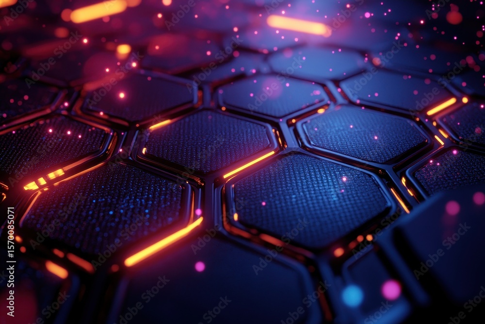 Poster abstract dark hexagon pattern with glowing orange edges suggests technology, innovation and connecti