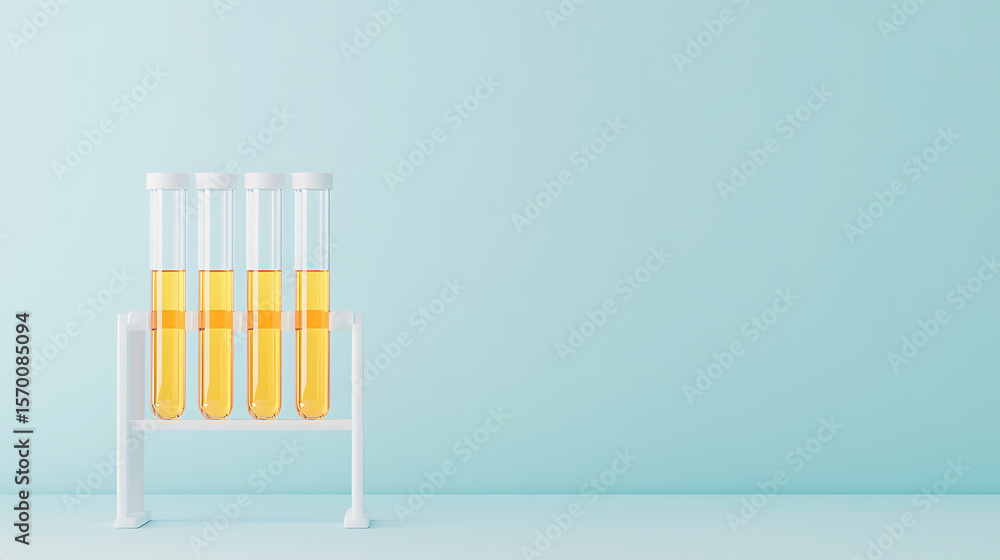 Poster lab setup: four test tubes filled with golden fluid sit neatly in a white rack against a light blue 