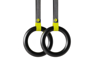 Pair of black gymnastic rings with yellow straps isolated on transparent background