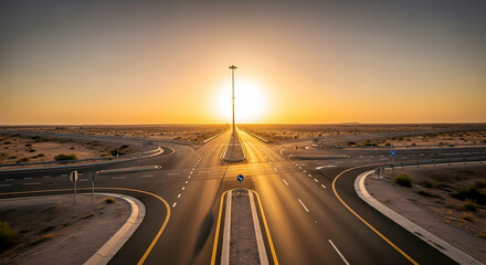Desert Highway Junction At Sunrise Empty Roads Reflecting Golden Light