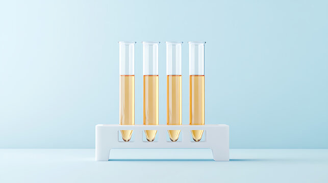 Laboratory glass tubes filled with yellow liquids in a white stand on a pastel background, perfect for science or medicine illustrations.