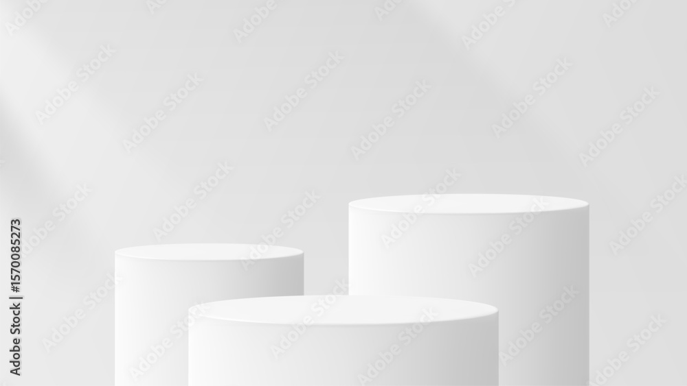 Poster three white cylindrical product podiums with subtle shadows on a clean minimal background. 3d vector
