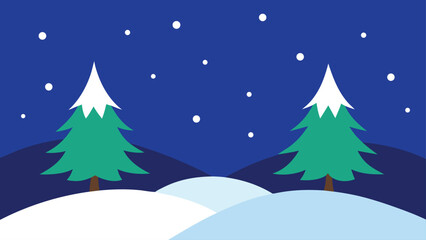 Obraz premium Picturesque Snowy Landscape with Two Christmas Trees Framing the Scene
