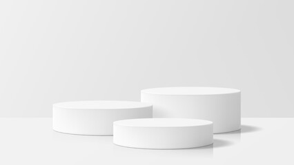 Three white cylindrical product display stands on a reflective surface. Minimalistic neutral showroom. Presentation mockup for cosmetics.