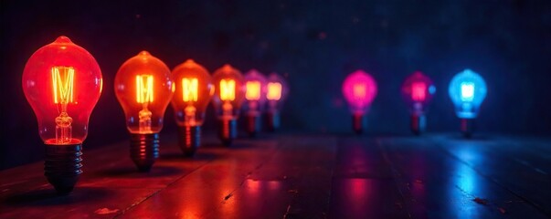 Vibrant Light Bulbs Illuminate Dark Space, Casting Playful Shadows ? Creative Energy and Innovative Thinking