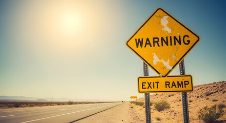 Desert Highway Scene With Yellow Exit Ramp Warning Sign Under Blue Sky