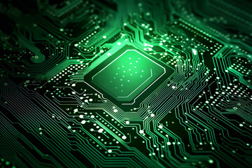 Electronic Circuitry: A mesmerizing close-up of an electronic circuit, illuminated in vibrant green, symbolizes technological advancement and interconnectivity in the digital age.
