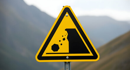 Caution Falling Rocks Sign Along Mountain Road For Safety Driving Concept