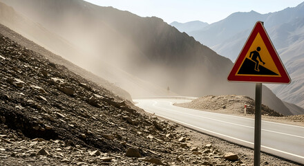 Caution Falling Hazard Sign On Mountain Road During Daytime Sunlight