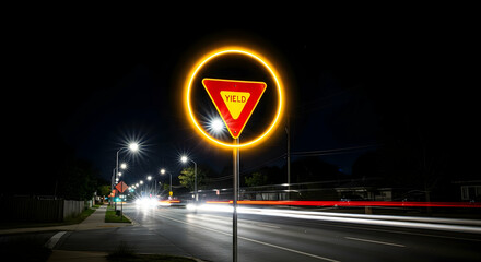 Caution On Cityscape A Night Driving Yield Sign With Light Streaks