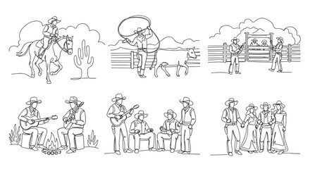 Cowboy activities illustrated with sketches in western style  