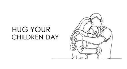 Family hugging on Hug Your Children Day in minimalist line art  