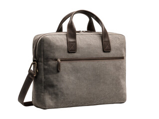 Stylish grey canvas briefcase with leather accents and detachable strap isolated on transparent background
