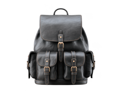Classic black leather backpack with multiple pockets and buckle closures isolated on transparent background