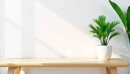 Serene Minimalist Interior Single Potted Plant on Light Wood Table, Perfect for Home Decor and Design Blogs