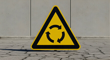 Caution Roundabout Ahead Sign Placed Near The Concrete Wall Indicates Circulation Area