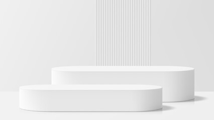 Minimalist white stage podium for product display. Empty cylinder pedestal showroom with rounded square empty stand. Light background for exhibit.