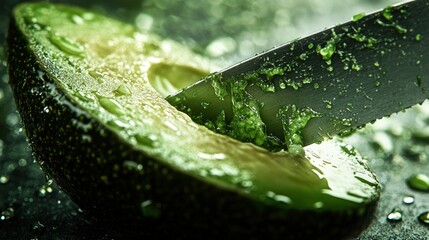Cutting fresh wet avocado with knife on dark surface creates a culinary preparation close-up