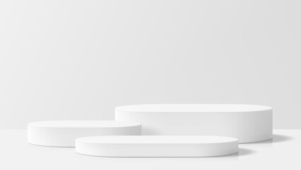 White product podium mockup with three round cylindrical shapes. Abstract clean geometric showcase for product presentation.