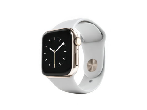 Modern smartwatch with white band and gold casing isolated on transparent background