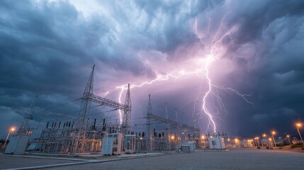 A powerful lightning bolt illuminates the sky above a power station during a stormy evening. Dark clouds gather, while infrastructure remains resilient amidst the chaos of nature.