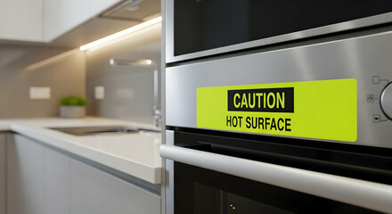 Cautionary Message Depicting An Oven With A Caution Label In A Modern Kitchen