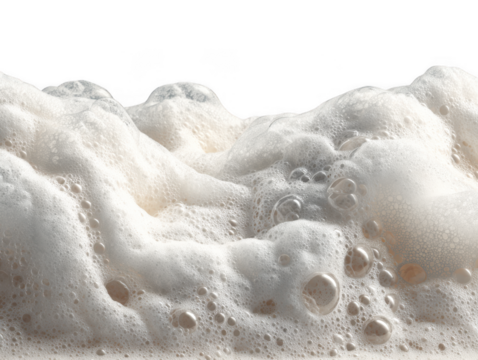 Close up of frothy beer foam with many small bubbles isolated on transparent background