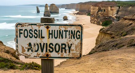 Cautionary Sign At Great Ocean Road Victoria Australia Fossil Hunting Advisory