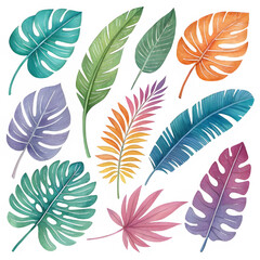 Obraz premium Twelve decorative tropical leaves, each hand-painted in a colorful, blended style with bold hues of green, blue, orange, pink, and purple. The leaves are all different in shape and species, resembling