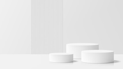 Three white round product podiums for display. Minimalist showroom pedestal stage for cosmetic showcase presentation vector.