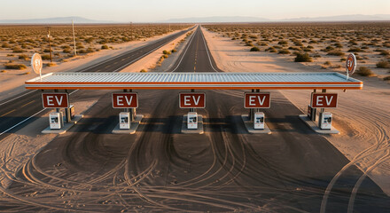 Desert Oasis For Electric Cars Charging Station Along Remote Road