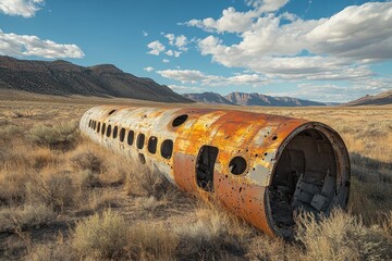 Rusted airplane fuselage lies in desert field of nevada on bright, sunny day with mountains and cloudy blue sky in the background