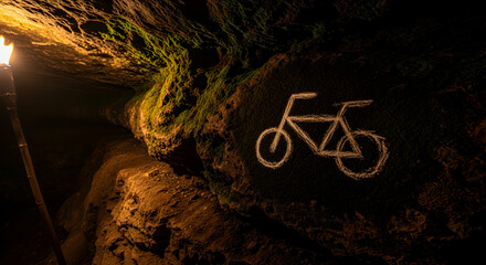 Cave Painting Depicting a Bicycle Illuminated by Soft Light and Mossy Texture
