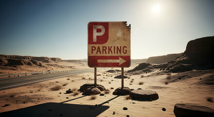 Desert Parking Guidance A Lone Sign Directing Drivers On A Hot Arid Journey